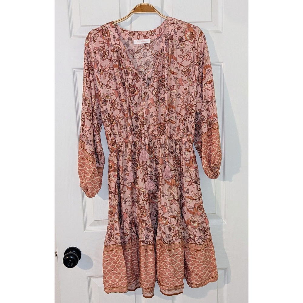 Ces Femme Floral Print Mini Dress Tassel Tie Long Sleeve Pink‎ Boho Small NWOT